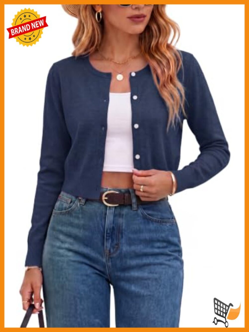 Wool Blend Cropped Crewneck Cardigan - Button Front, Long Sleeve, Lightweight